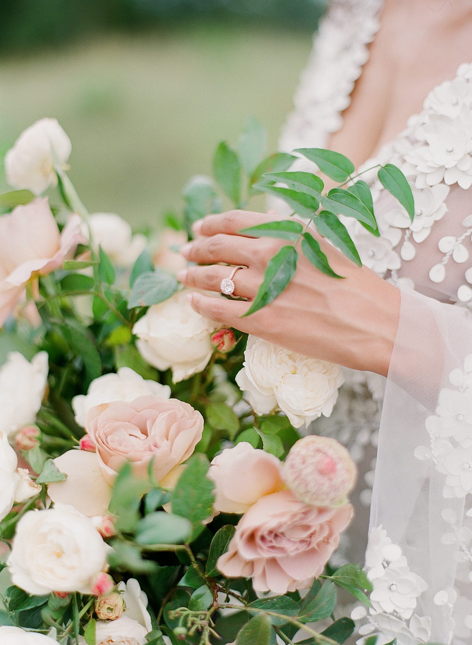 Brides Hand in Bridal Bouquet with Engagement Ring Photo