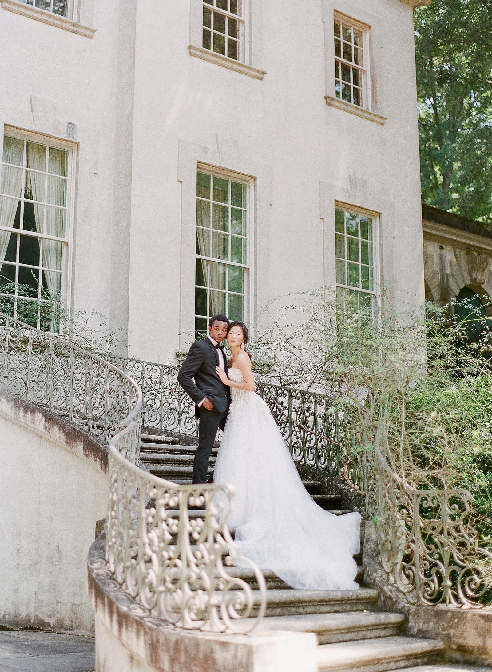 Bride and Groom on Back Stairs of Swan House Atlanta Photo