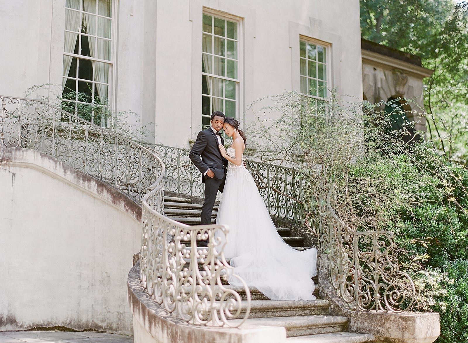 Bride and Groom on Back stairs at Swan House Atlanta Photo