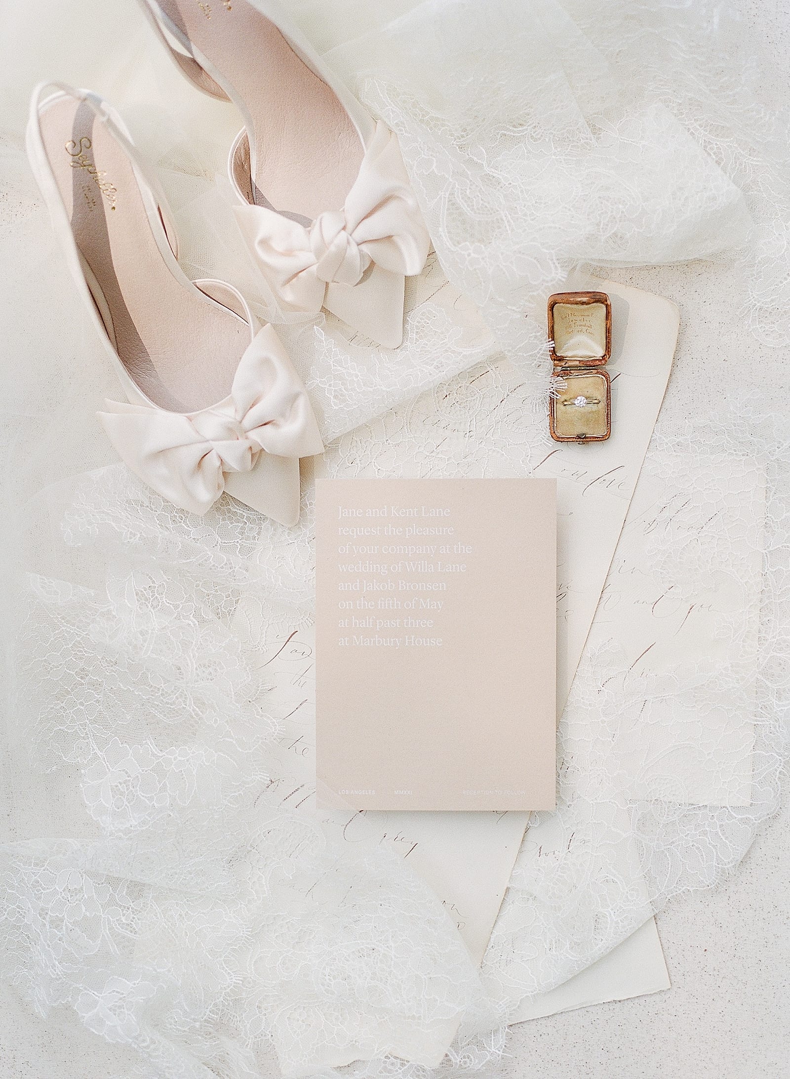 Wedding Details Brides Shoes Invitation and Ring at Swan House In Atlanta Photo