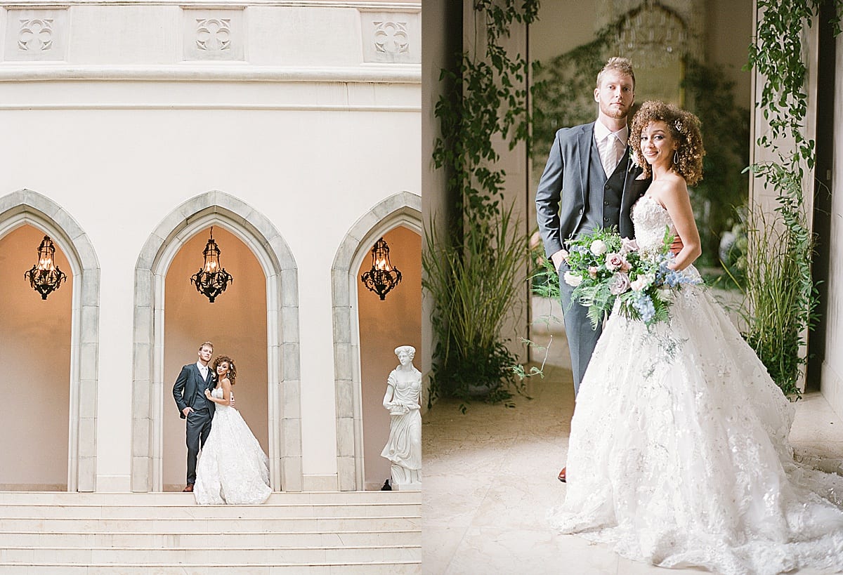 Chateau Cocomar Bride and Groom Under Arches and in Hallway Photos