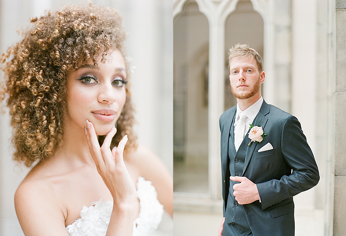Bride Looking at Camera with Hand on Face and Groom Looking at Camera Holding Jacket Photos