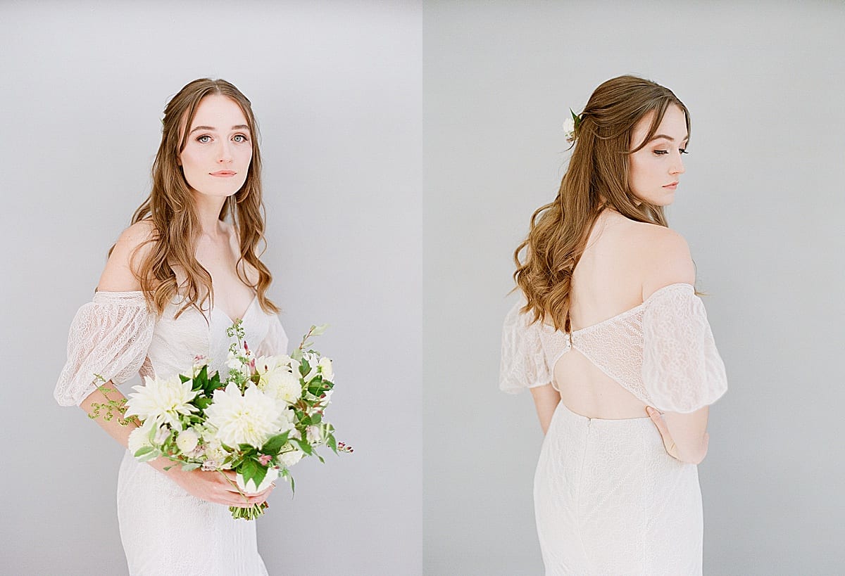 Wedding Hair and Makeup Bride Holding Bouquet and Looking Over Shoulder Photos