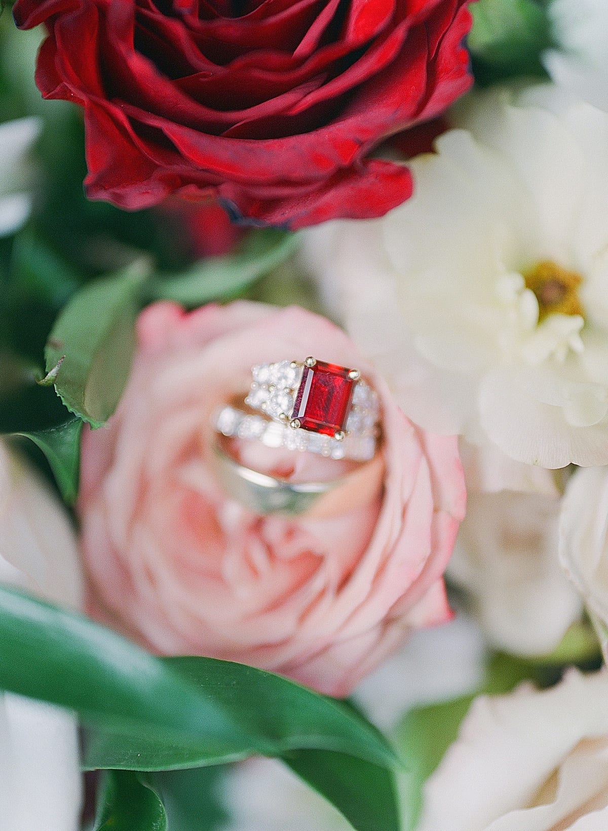 Wedding Rings in Pink Rose Surrounded by Flowers Photo