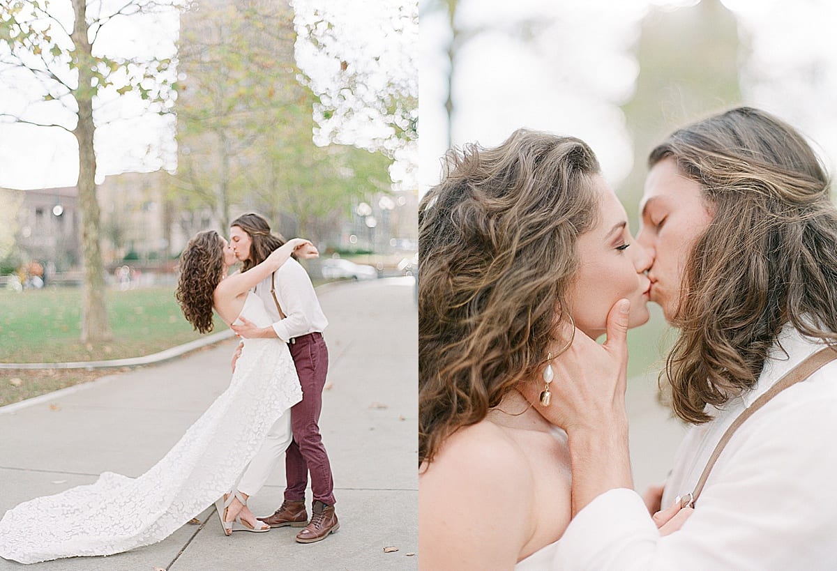 Asheville Elopement Bride and Groom Kissing in Pack Square Photos