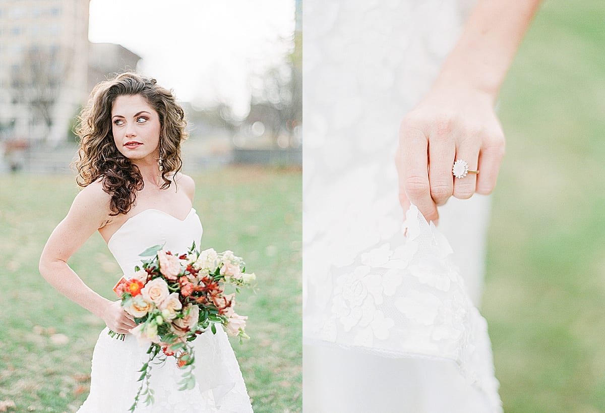 Bride Looking off Holding Bouquet and Detail of Ring on Hand Holding Dress Photos