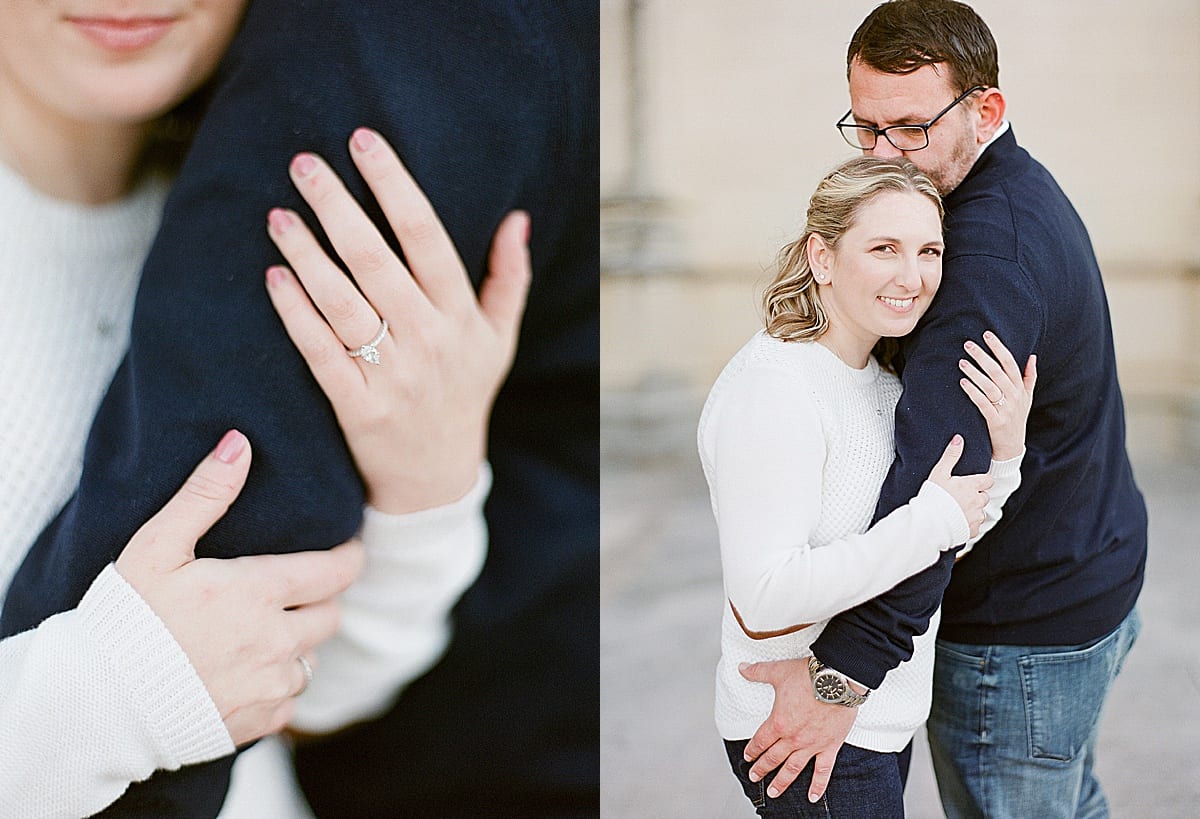 Couple Snuggling and Detail of Engagement Ring Photos