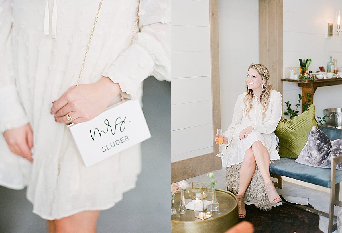 Bride Holding Purse with Engagement Ring Showing and Bride Sitting on Couch Looking Off Photos