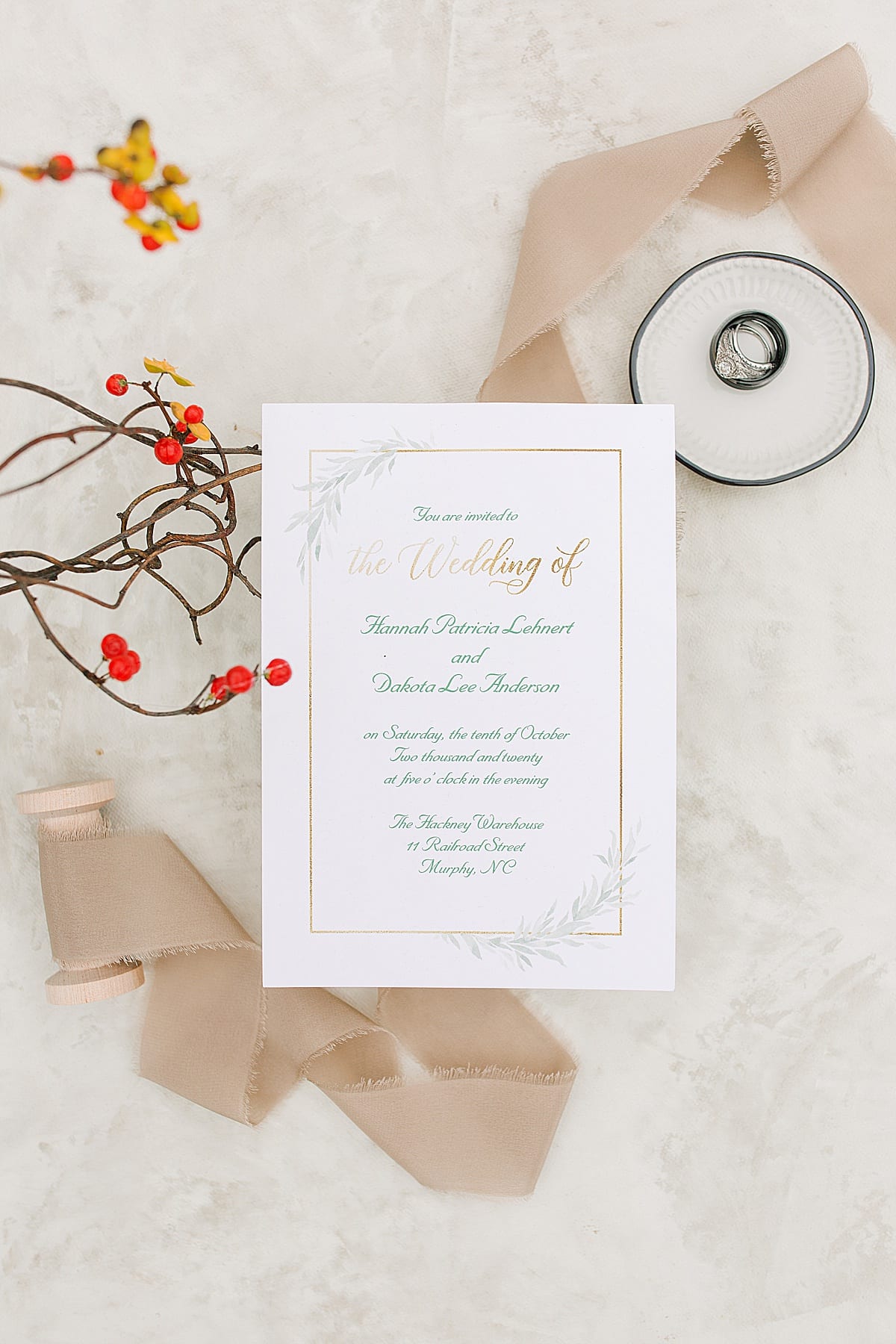 Fall North Carolina Wedding Invitation with ribbon and rings Photo