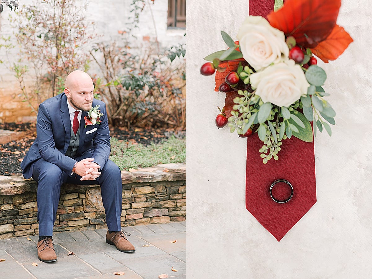 Groom Looking off Sitting on Stone wall and Details of Tie Flowers and Ring Photos