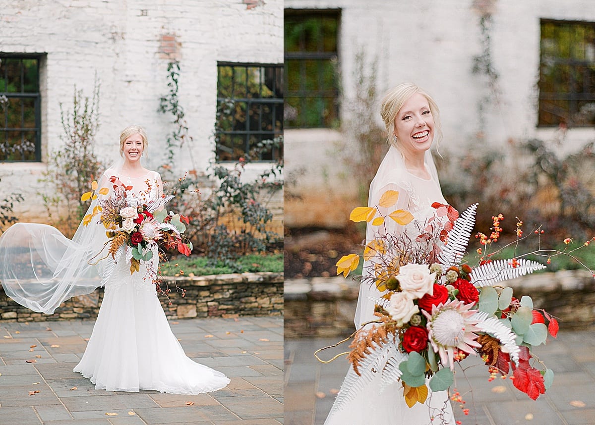 Bride with Huge Fall Wedding Bouquet Smiling at Camera Photos