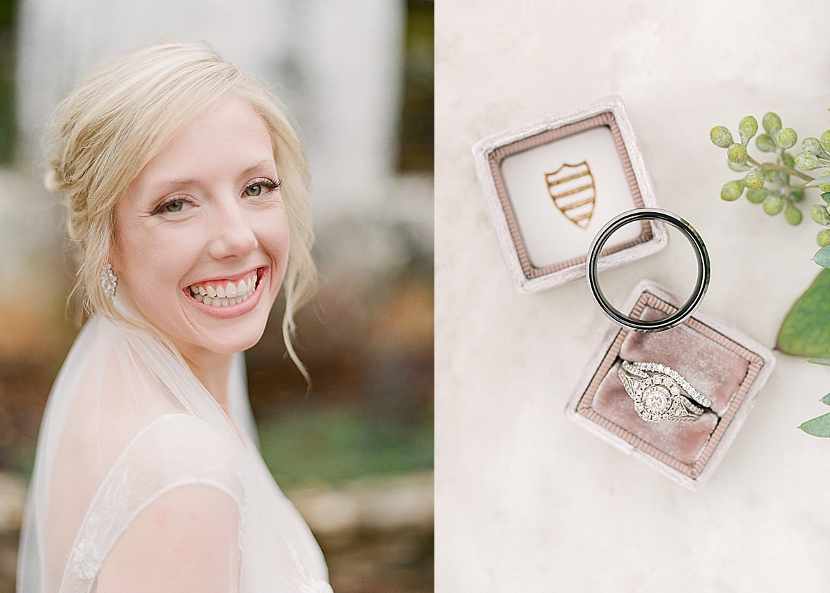 Bride smiling at camera and Detail of Rings in Box photos