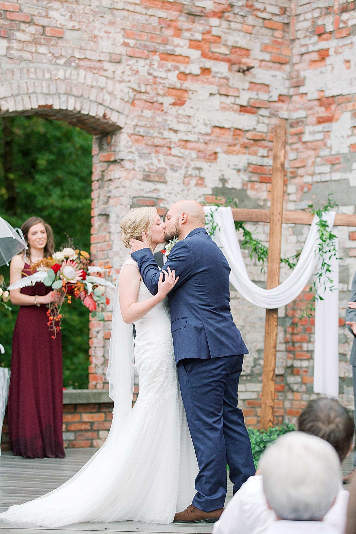 Bride and Groom First Kiss at Fall North Carolina Wedding Photo
