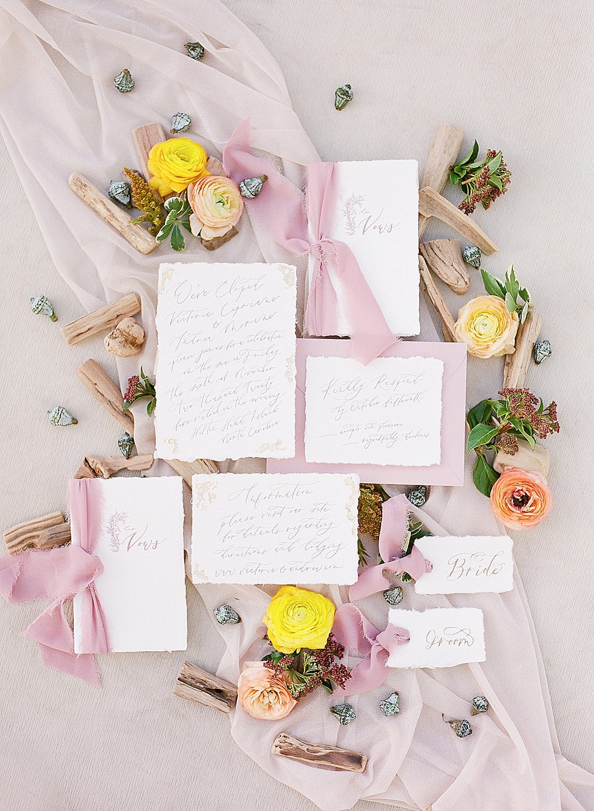 Wedding Invitation Suite Flat Lay with Drift Wood and Flowers Photo