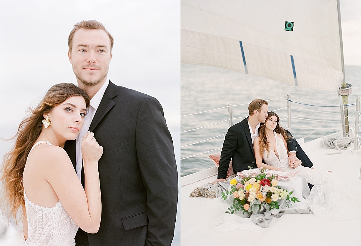 Bride and Groom Snuggling on Sailboat Photos