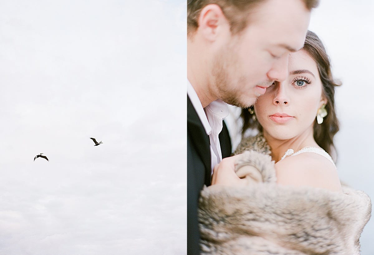 Birds Flying and Bride and Groom Snuggling Photos