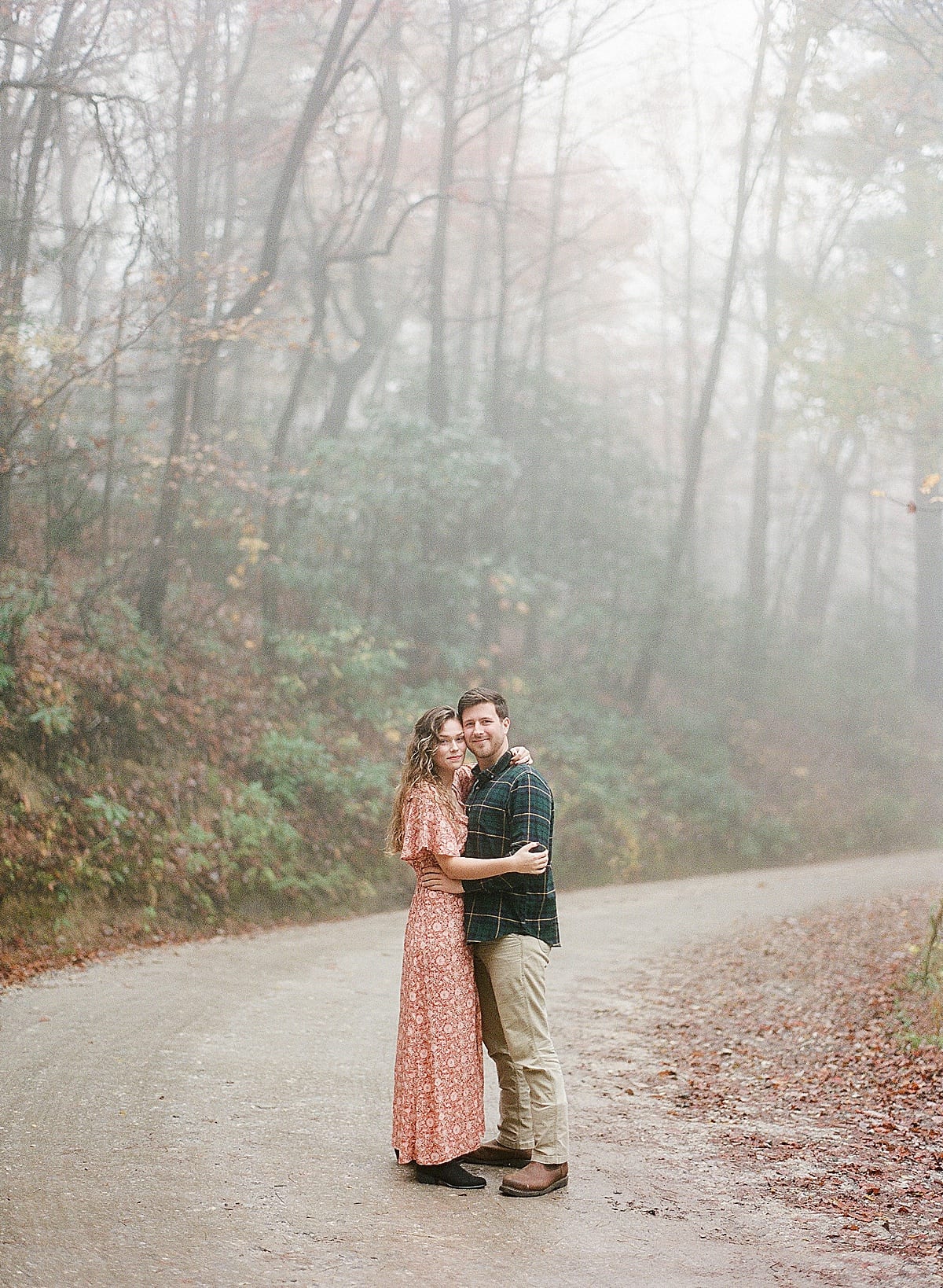 Linville Gorge Engagement Session Couple Hugging in the Fog Photo