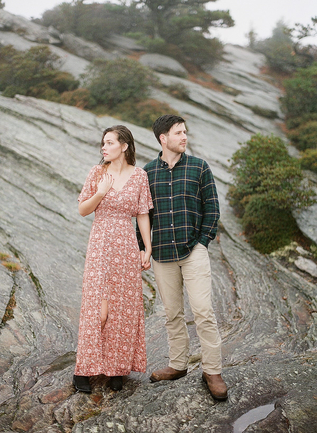 Linville Gorge Foggy Engagement Session Couple Looking off Holding Hands Photo