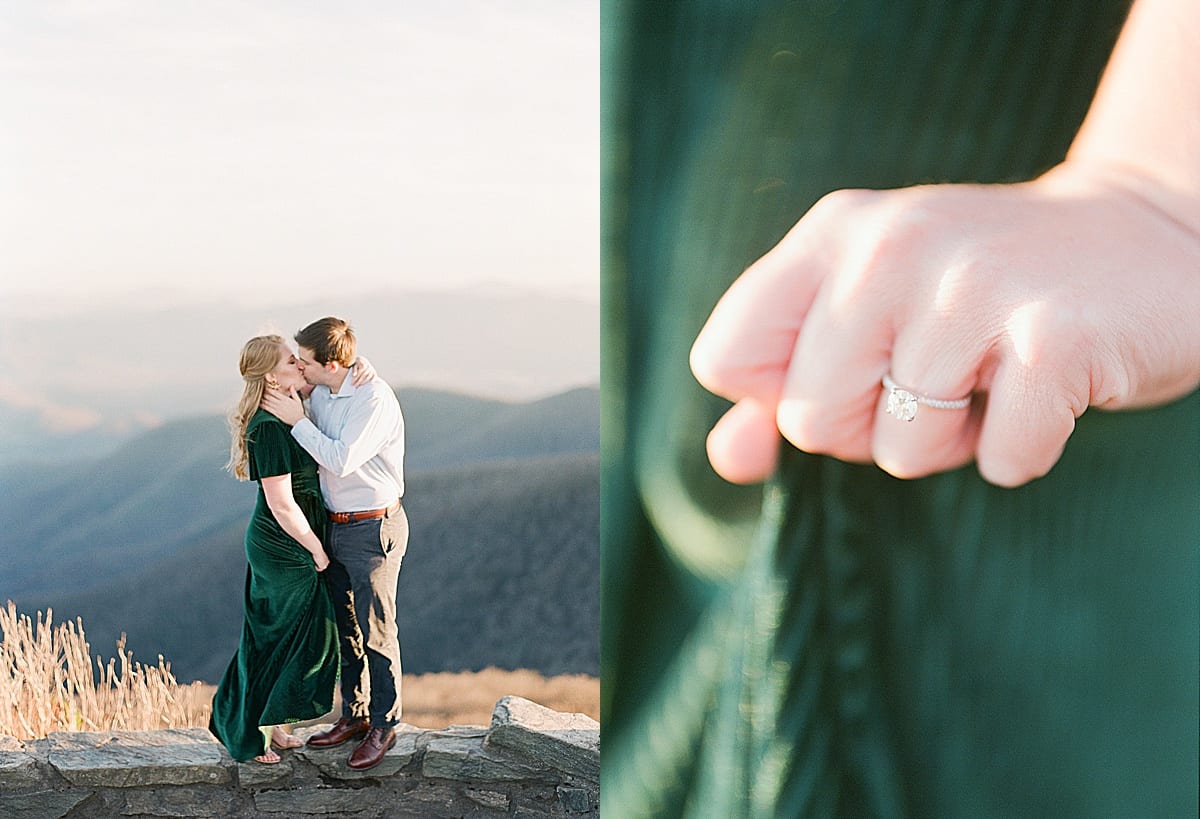 Mountaintop Engagement Session Couple Kissing and Detail of Ring Photos