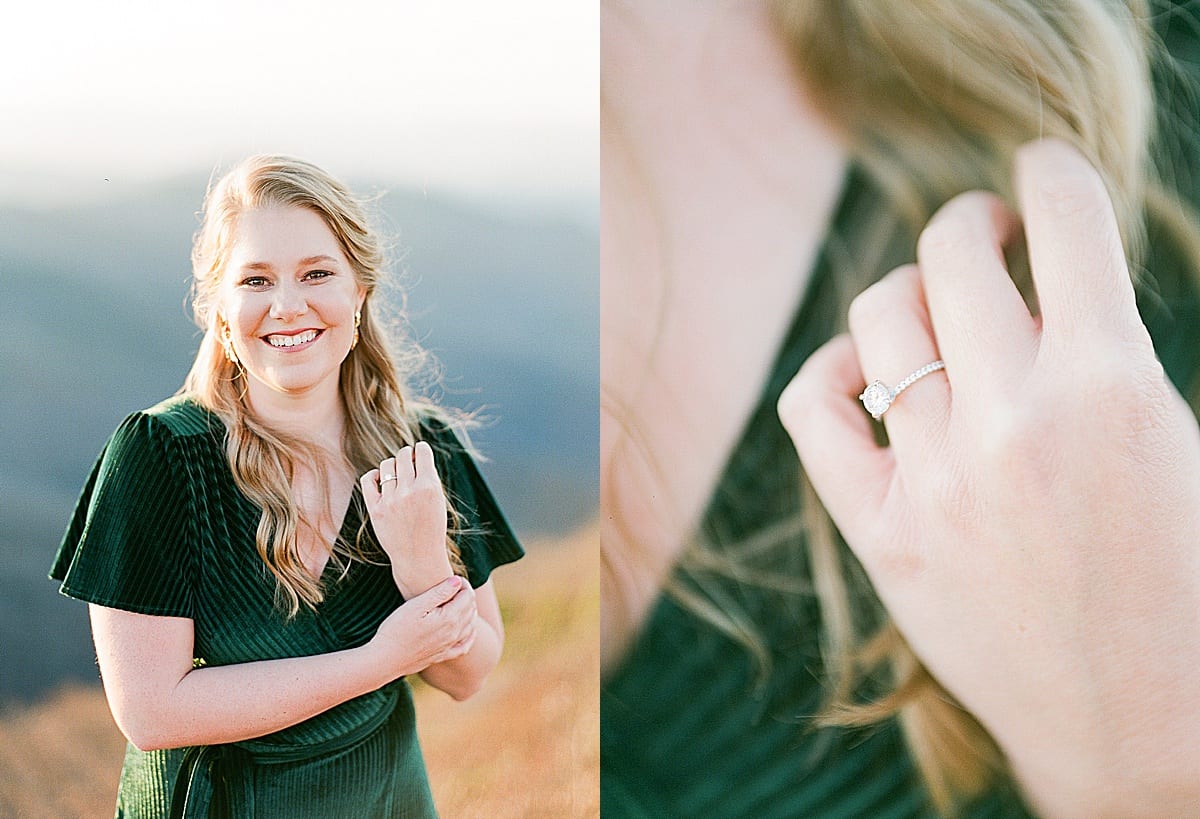 Bride to Be in Emerald Green Dress Smiling at Camera and Detail of Ring Photos