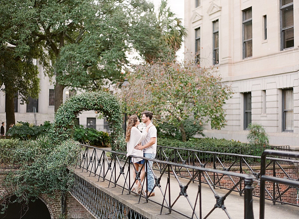 Couple Hugging on Bridge in Historic Savannah Georgia