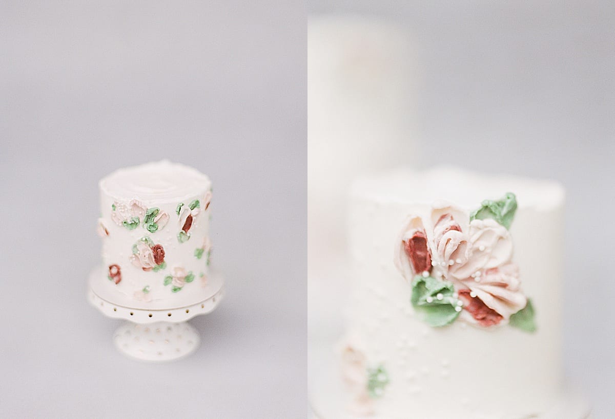 Small Cake with Red and Pink Flowers and Close Up of Cake Detail Photos