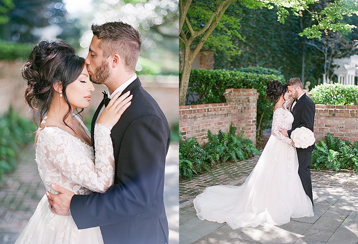 Groom Kissing Bride on Forehead and Snuggling Photos