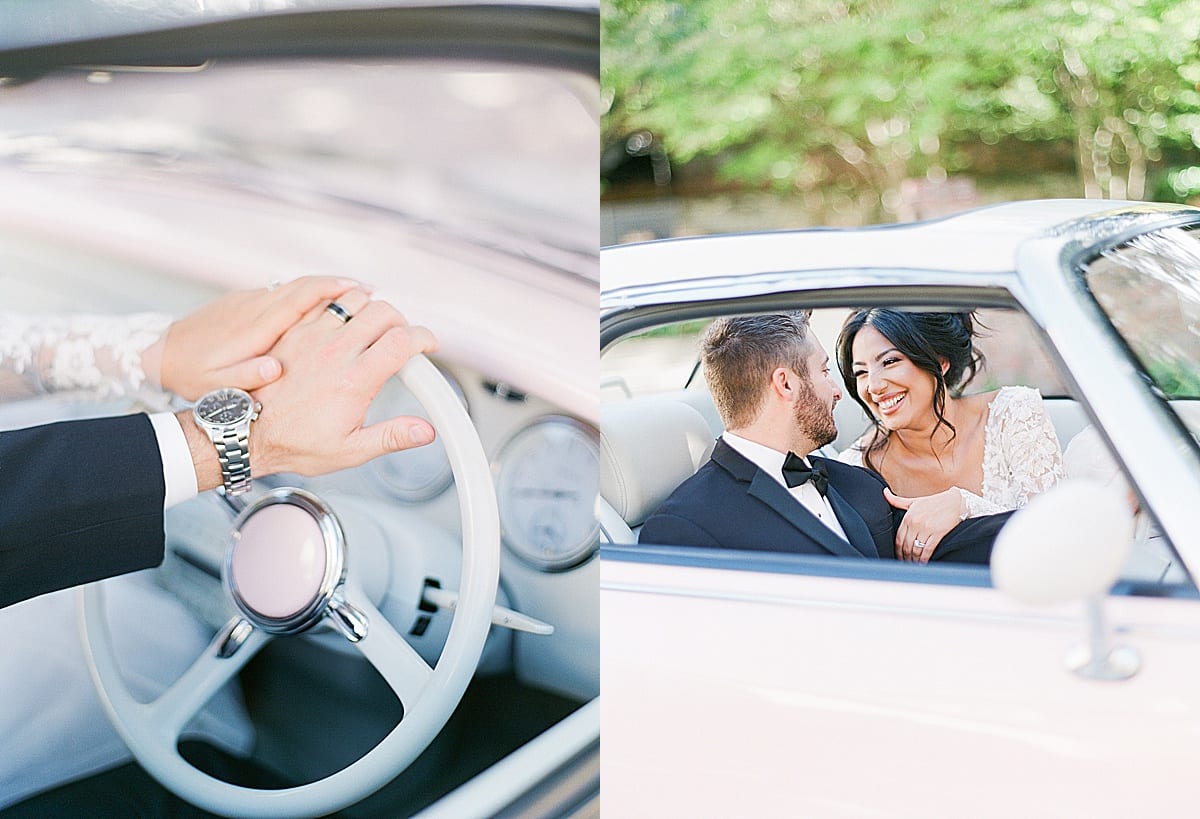 Detail of Hands on Steering Wheel and Couple Laughing together in Pink Car Photos