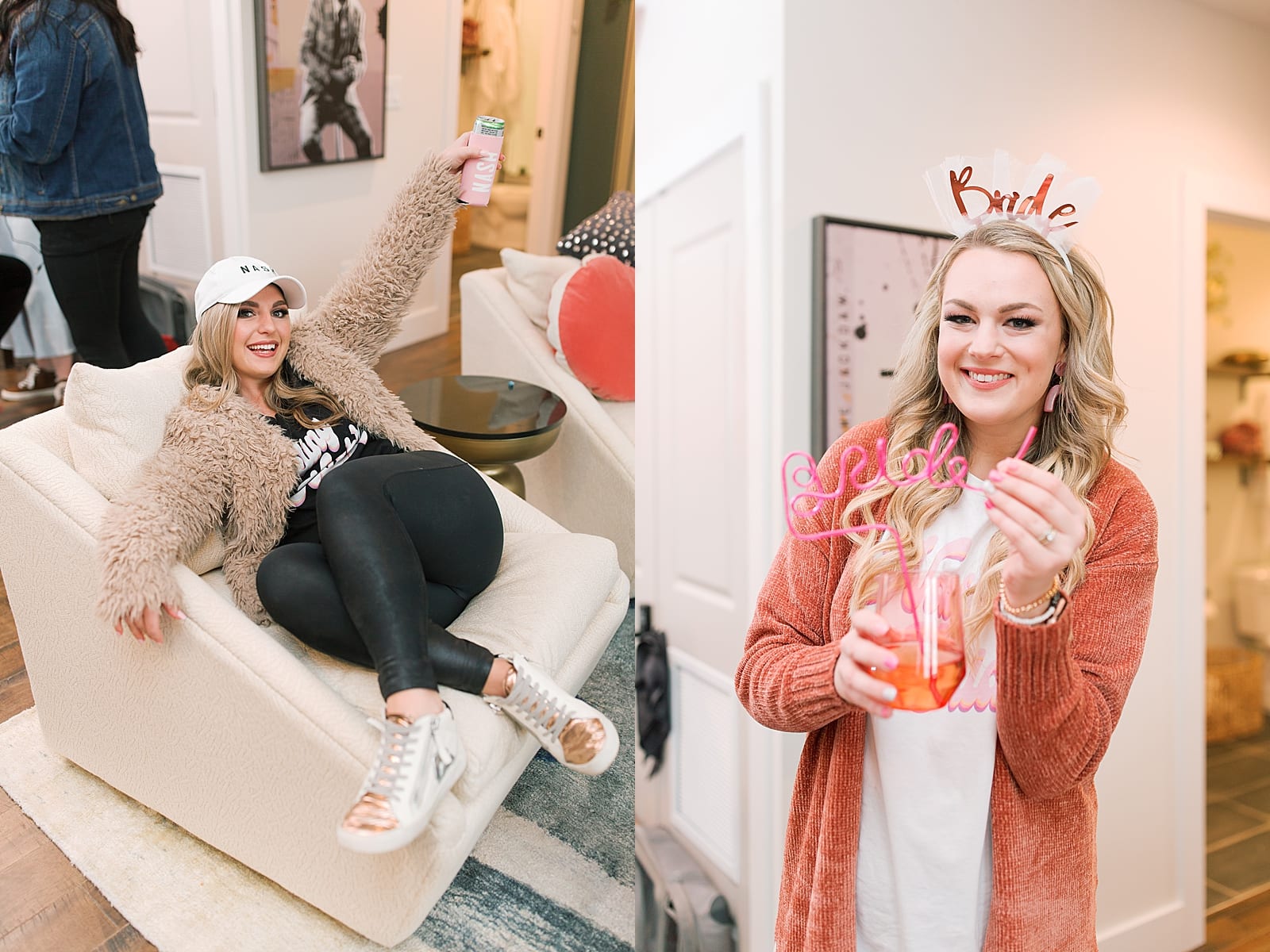 Girl lounging on couch holding up drink and bride drinking a cocktail photos