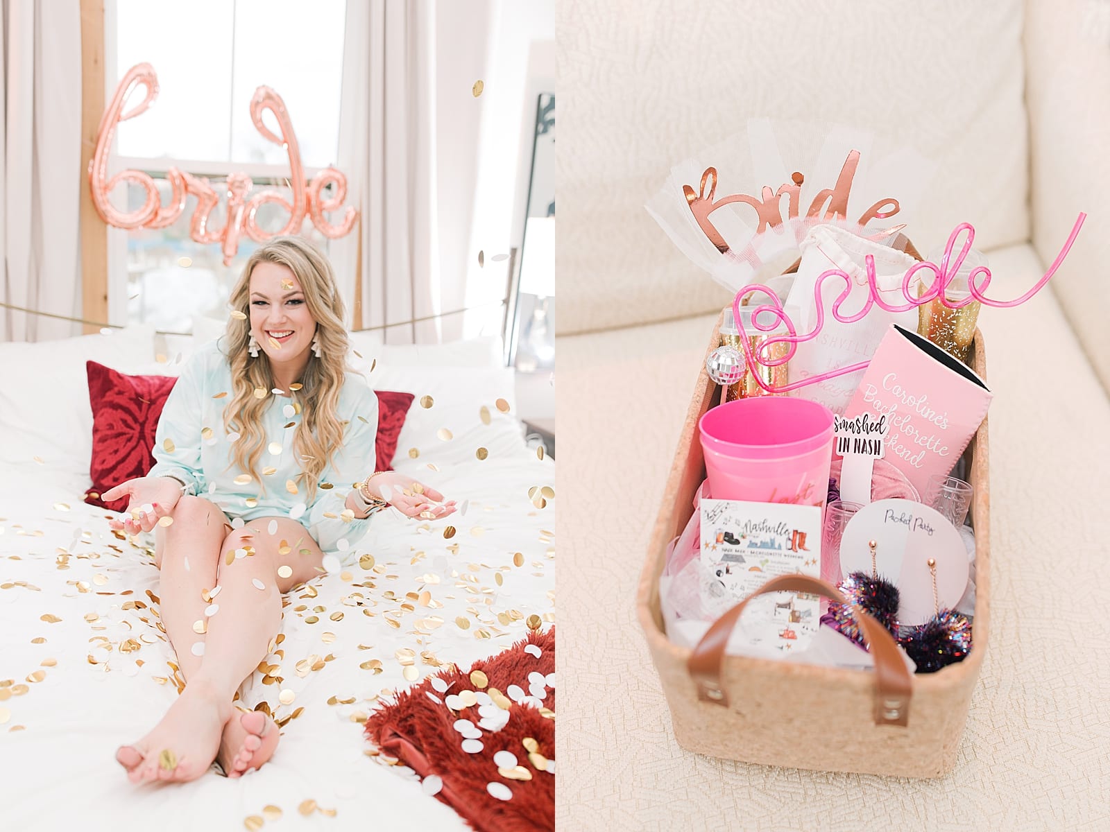 bride on bed with confetti and basket of bridesmaids gifts Photos
