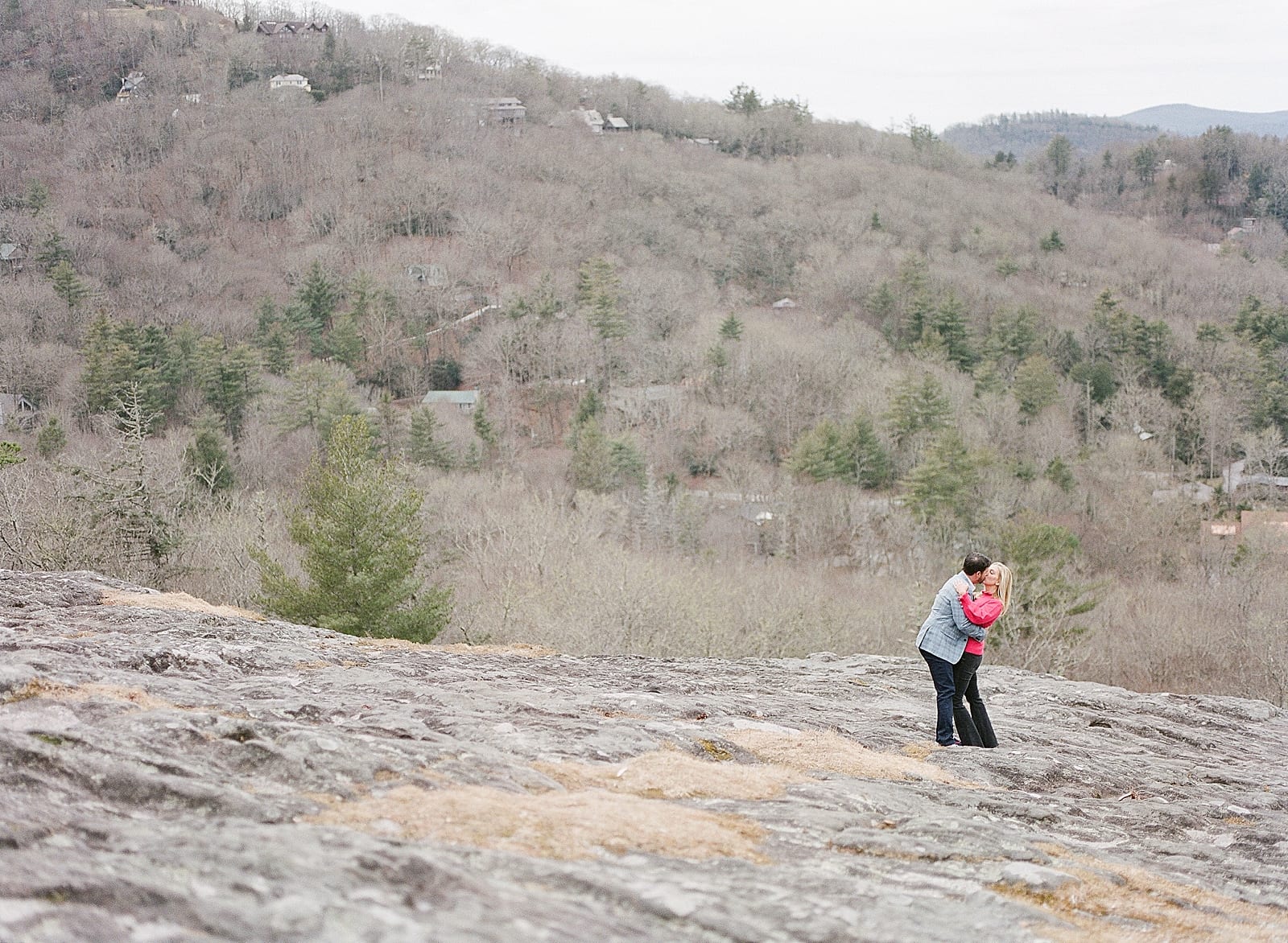 Couple Kissing on Sunset Rock in Highlands NC