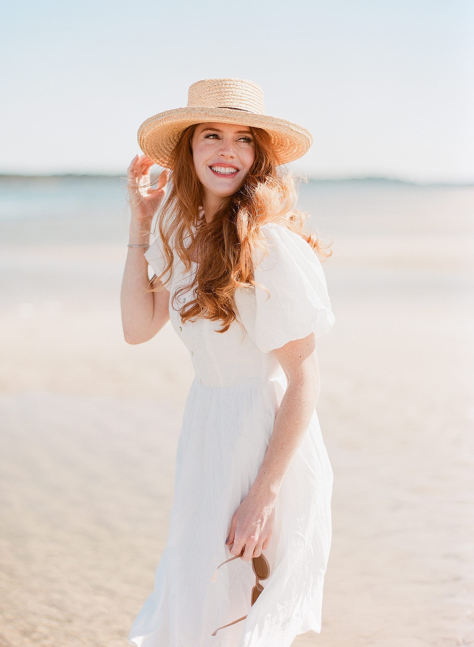 Beaufort SC Girl on Beach in White Dress and Sunhat Photo