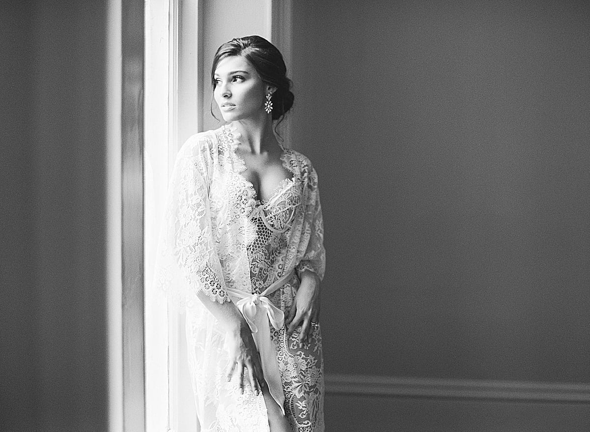 Boudoir Ideas Black and White of Bride in Lace Robe by Window Photo