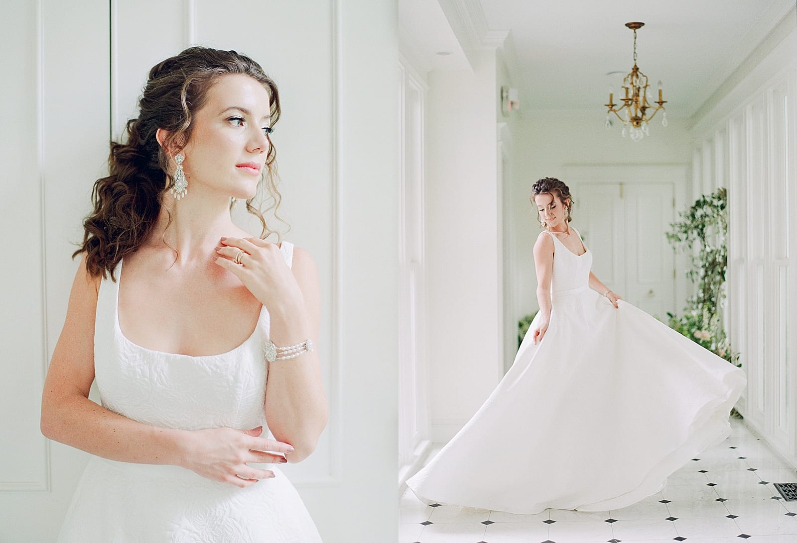 Bridal Portraits Bride Looking Off and Twirling in Hallway Photos