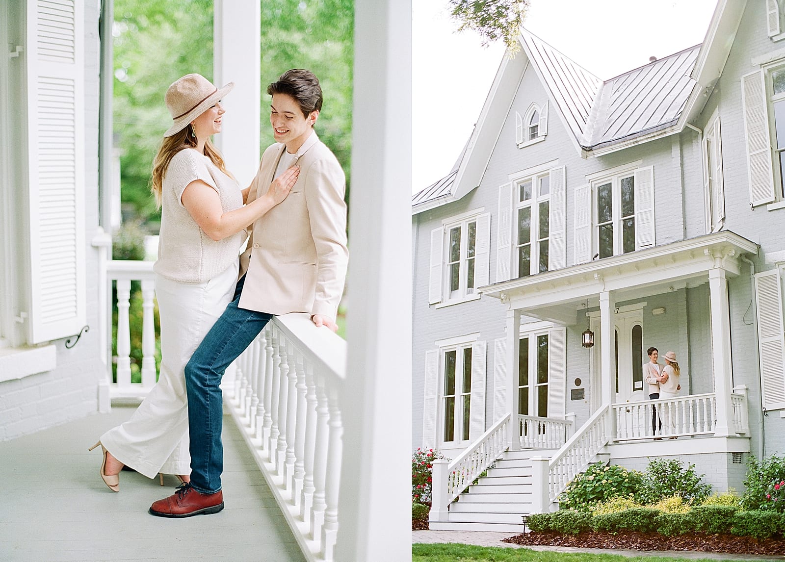Greensboro NC Engagement Couple Laughing Together on Porch Photos