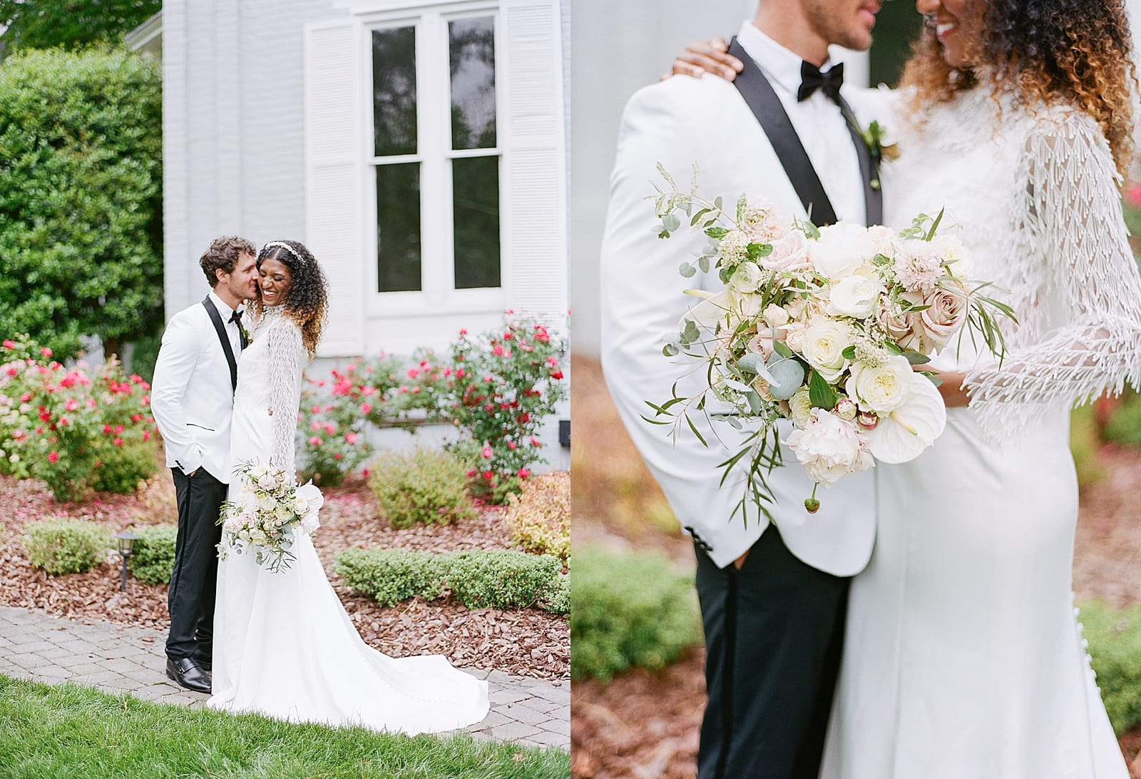 Greensboro NC Wedding Venues Bride and Groom Snuggling and Bouquet Detail Photos