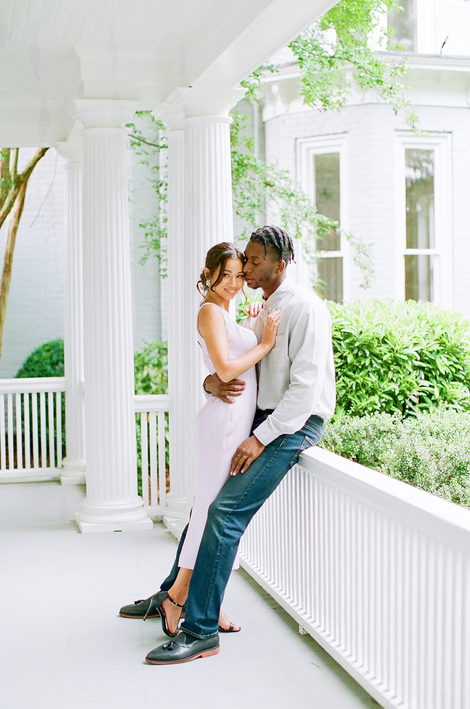 McAlister Leftwich House Engagement Couple Hugging on Porch Photo
