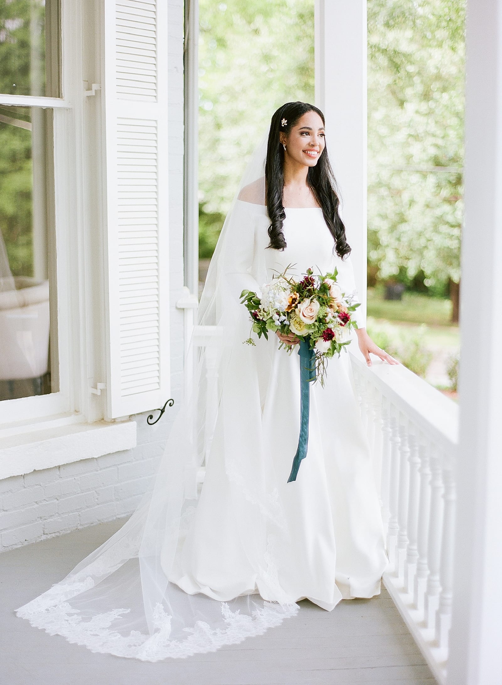 McAlister Leftwich House Wedding Bride Smiling on Porch Photo