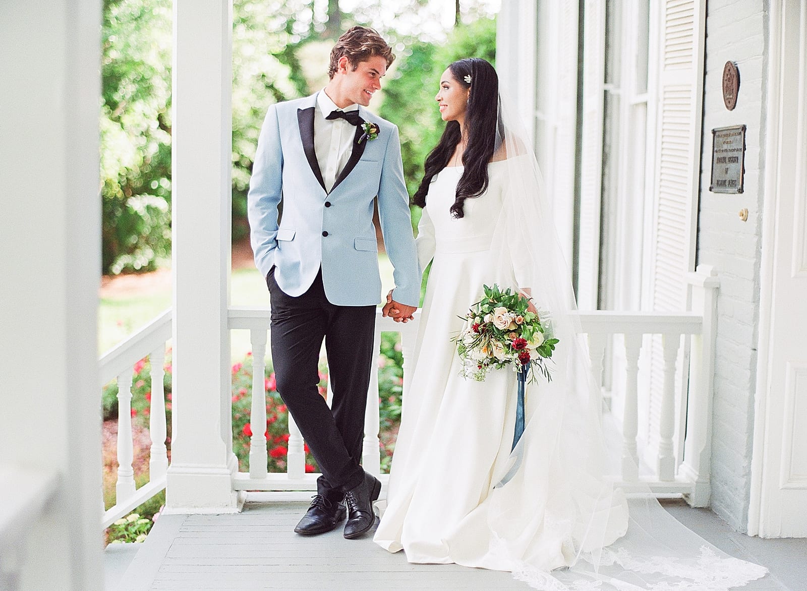 McAlister Leftwich House Wedding Bride and Groom Holding Hands On Front Porch Photo