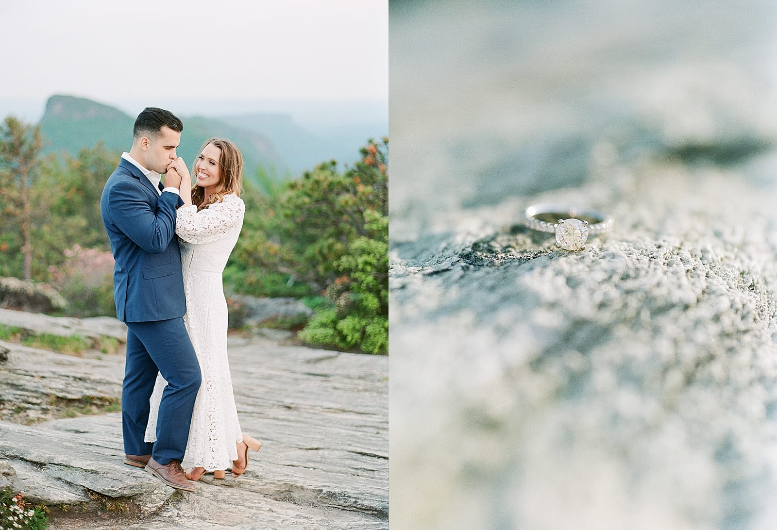 Hawksbill Mountain NC Guy Kissing Girls Hand and Detail of Engagement Ring Photos