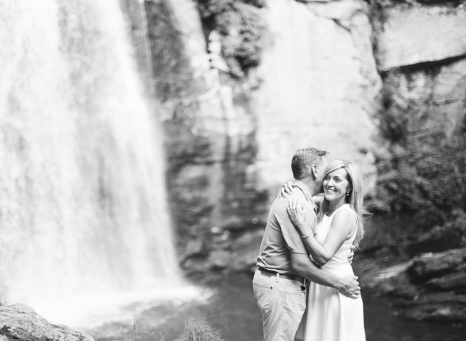 Looking Glass Falls NC Black and White Of Couple Hugging Photo