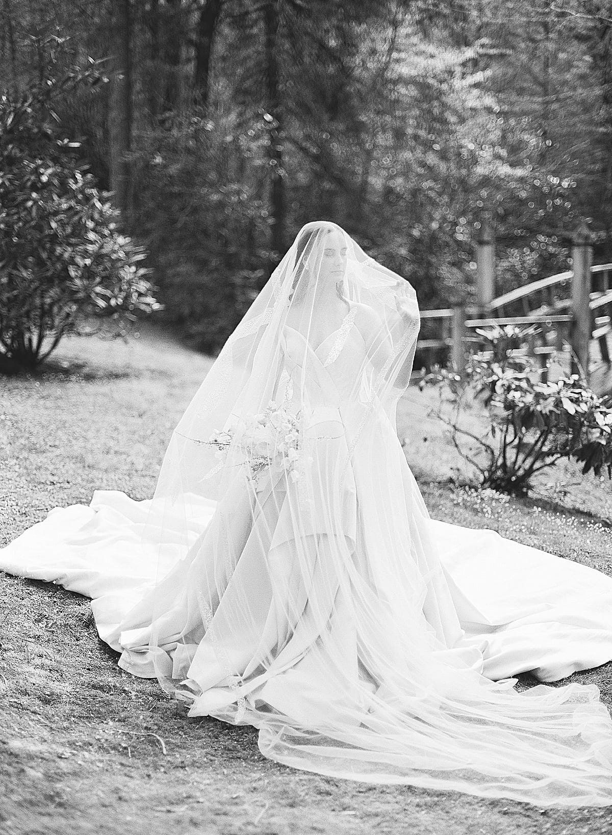 Black and White of Bride Under Wedding Veil Photo