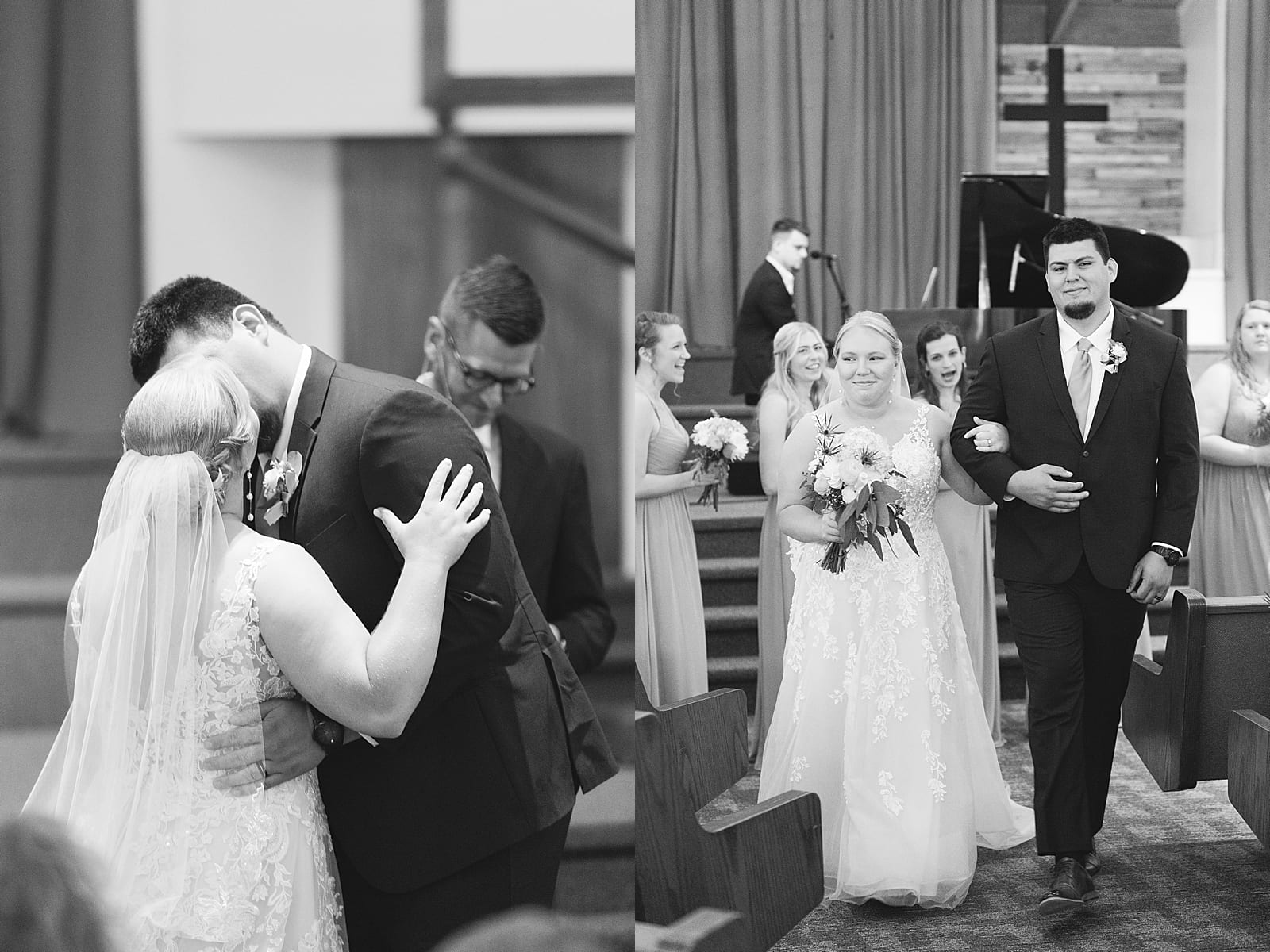 Black and White of First Kiss and Ceremony Exit Photos