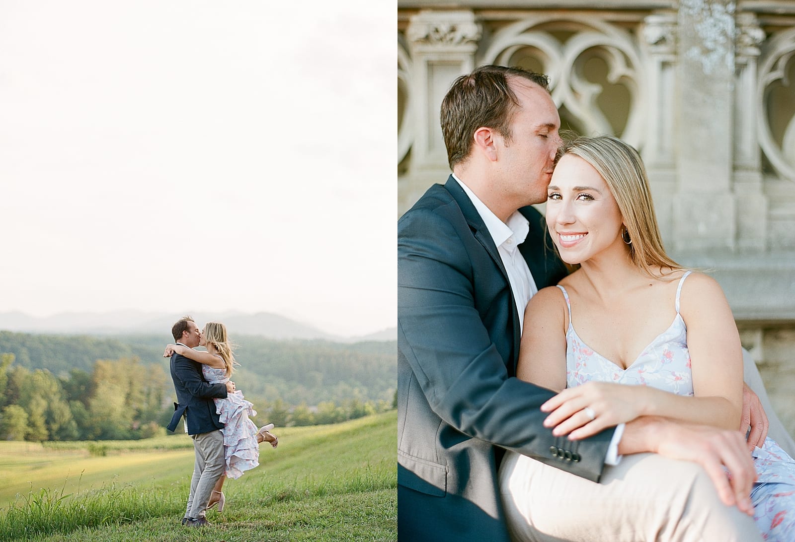 Couple in Field with Mountains and Biltmore In Asheville Snuggling Photos