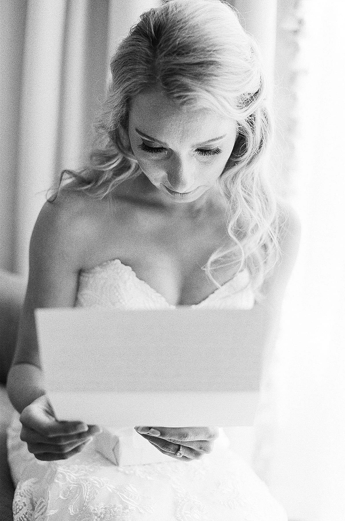 Biltmore Wedding Black and White of Bride Reading Letter From Groom Photo