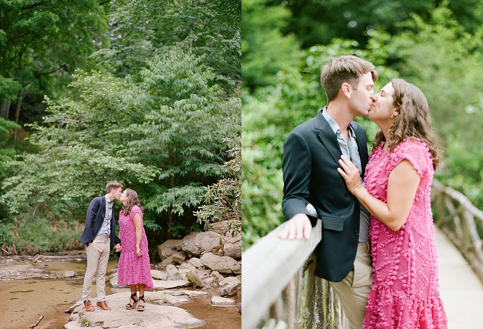 Romantic Biltmore Locations Couple at Bass Pond Creek and Bridge Kissing Photos