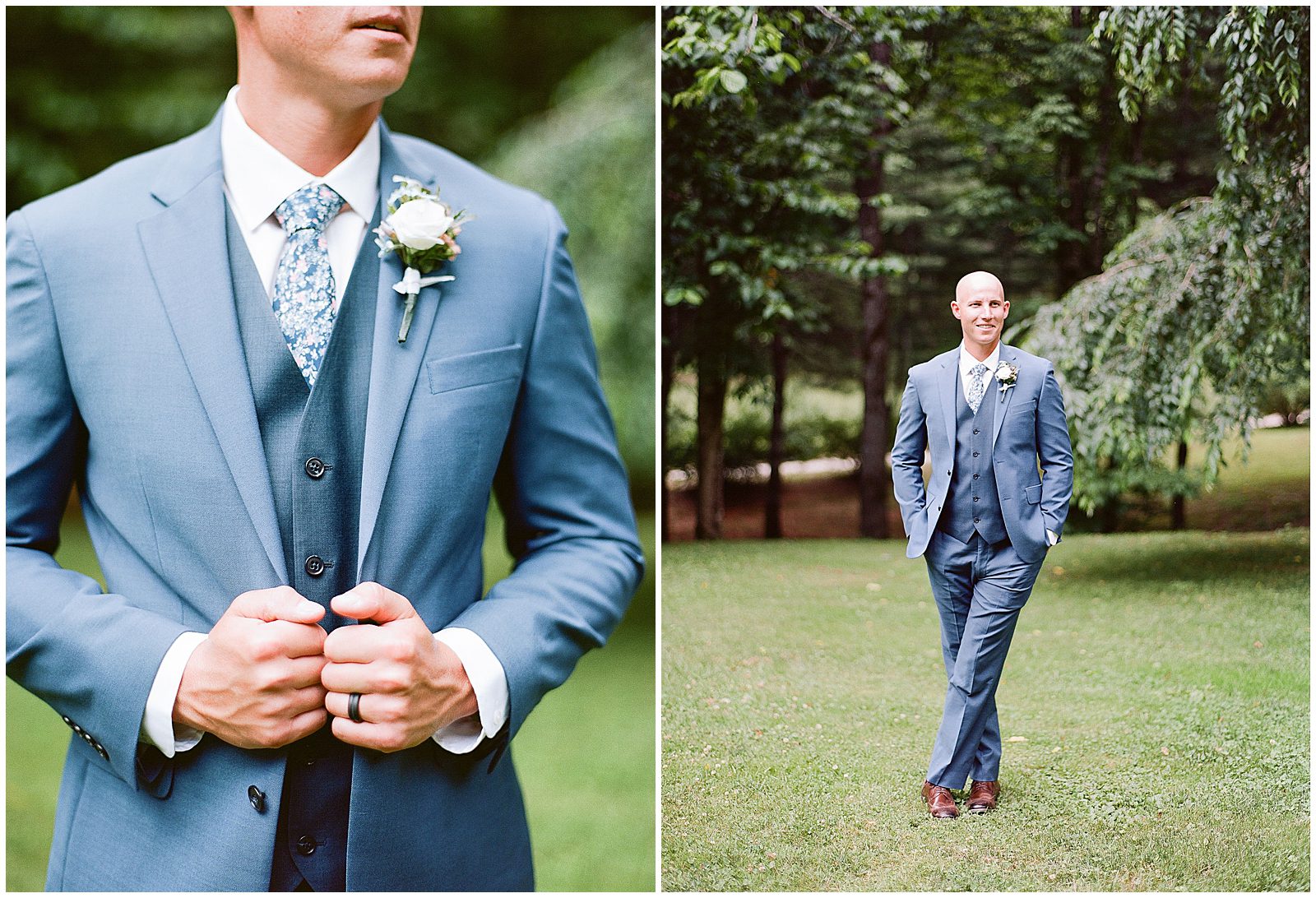 Groom in a Blue Suite with Floral Tie Photos