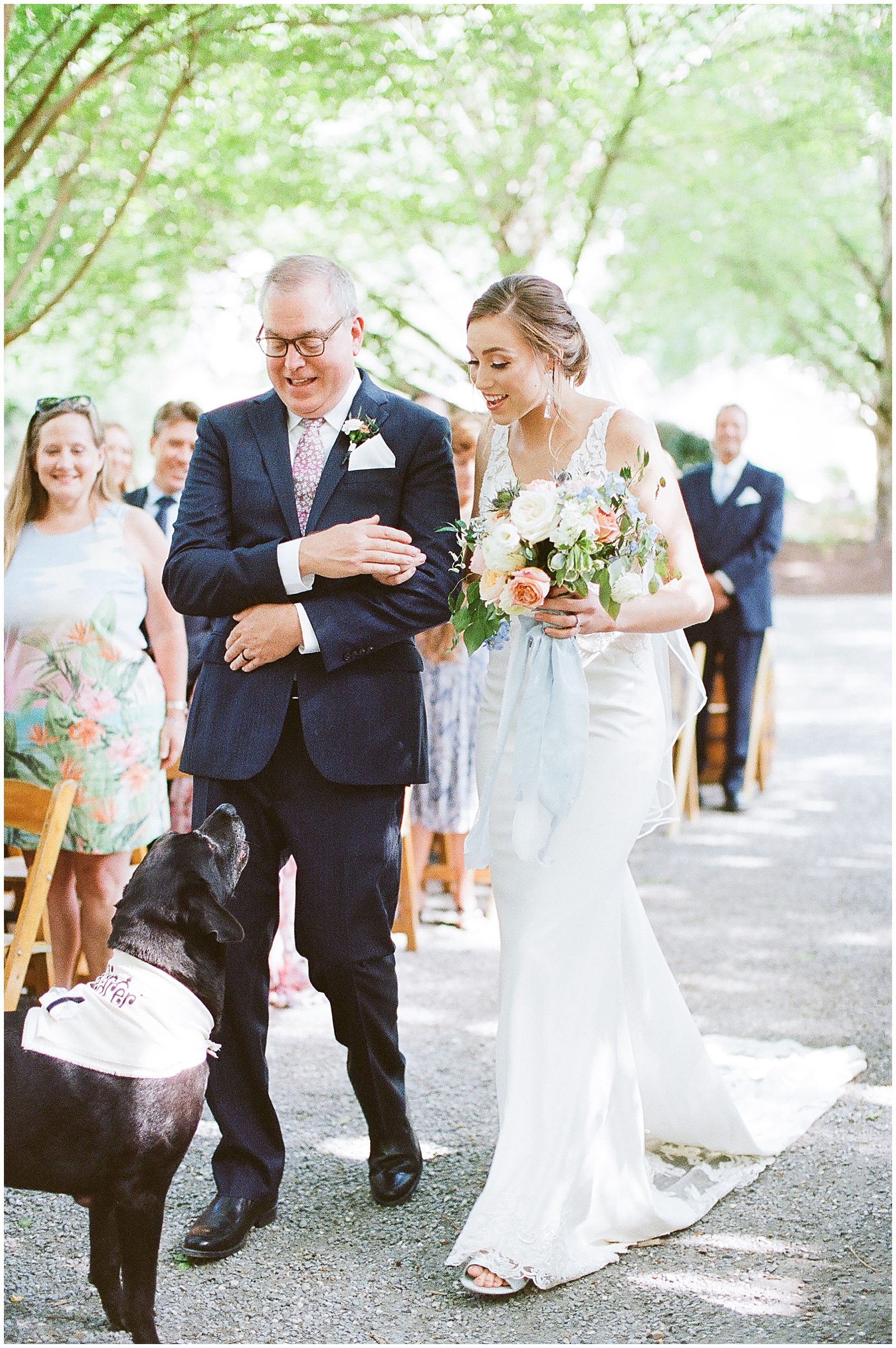 Bride and Dad Walking Down Aisle with Dog Ring bearer Photo