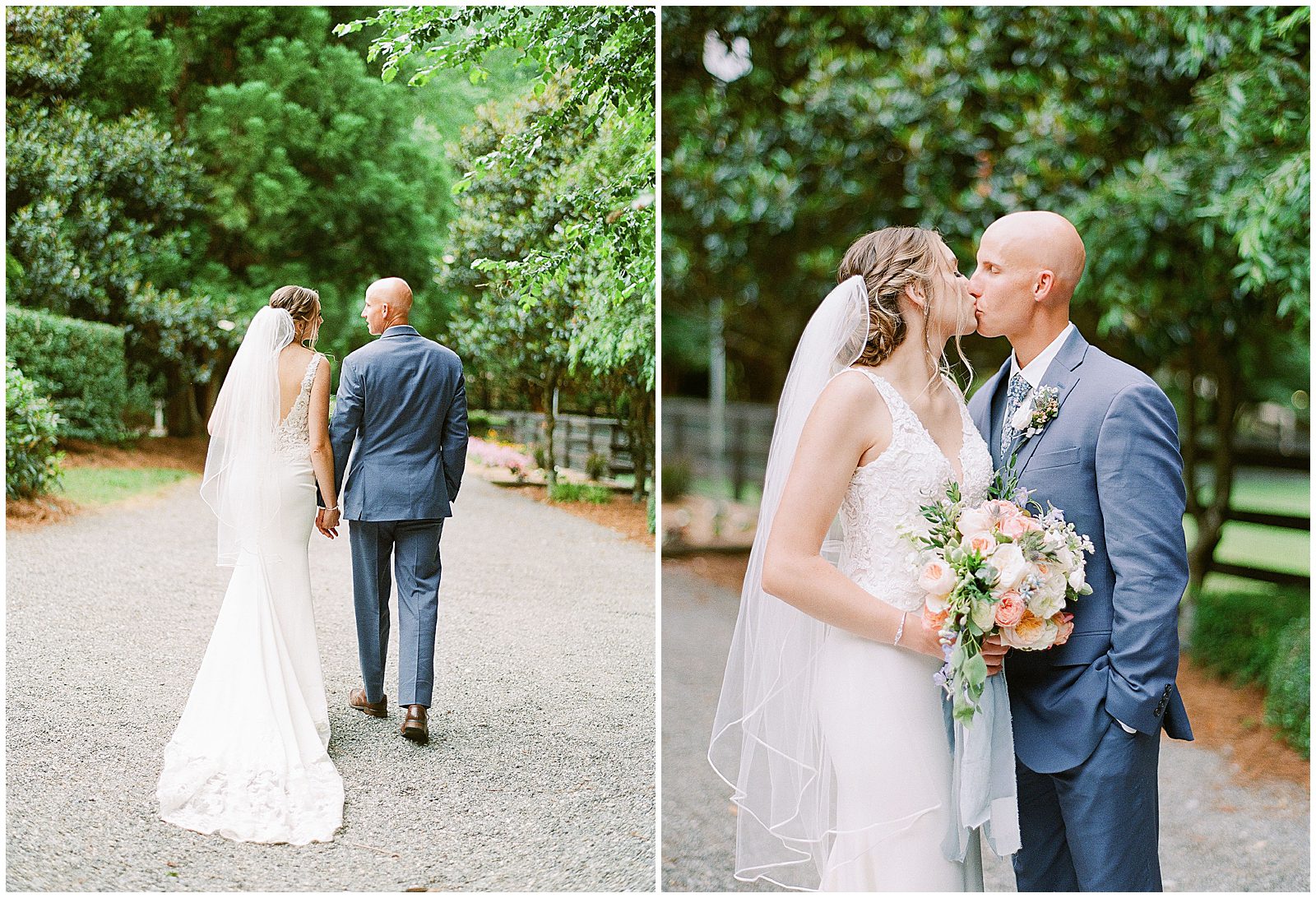 Bride and Groom Walking Holding Hands And Kissing Photos