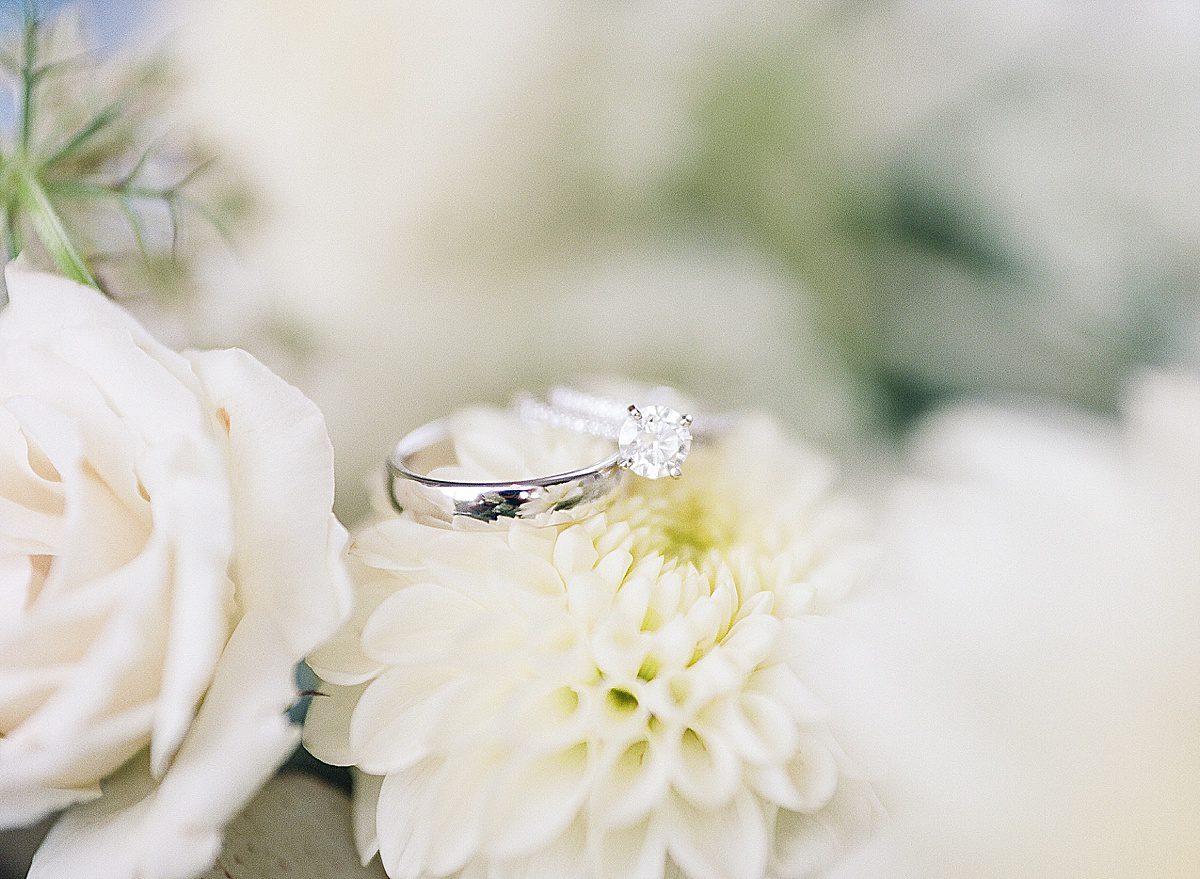 Detail of Wedding Bands on Flowers Photo